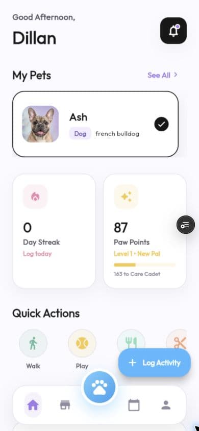 PawPal home dashboard showing Ash the French bulldog, care streaks, points, and quick actions